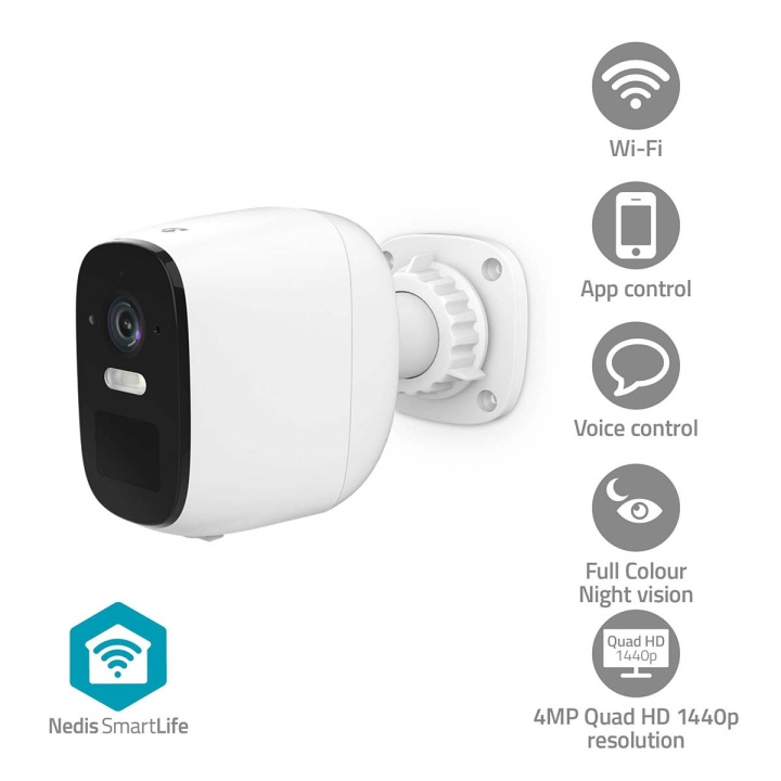 Nedis SmartLife Utomhus Kamera | Wi-Fi | Spotlight | 4MP Quad HD 1440p / 2560x1440 | IP66 | Max. batteritid: 10 Månader | microSD (ingår inte) / Molnlagring (tillval) | 5 V DC | Med rörelsesensor | Nattsikt | Vit i gruppen HEM, HUSHÅLL & TRÄDGÅRD / Larm & Säkerhet / Övervakningskameror / Digitalt (Nätverk) / Utomhuskameror hos TP E-commerce Nordic AB (C94857)