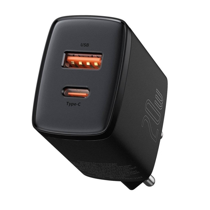 Baseus Compact Quick Adapter 20Watt USB-C + USB-A Svart i gruppen SMARTPHONE & SURFPLATTOR / Laddare & Kablar / Väggladdare / Väggladdare Typ C hos TP E-commerce Nordic AB (D10320)