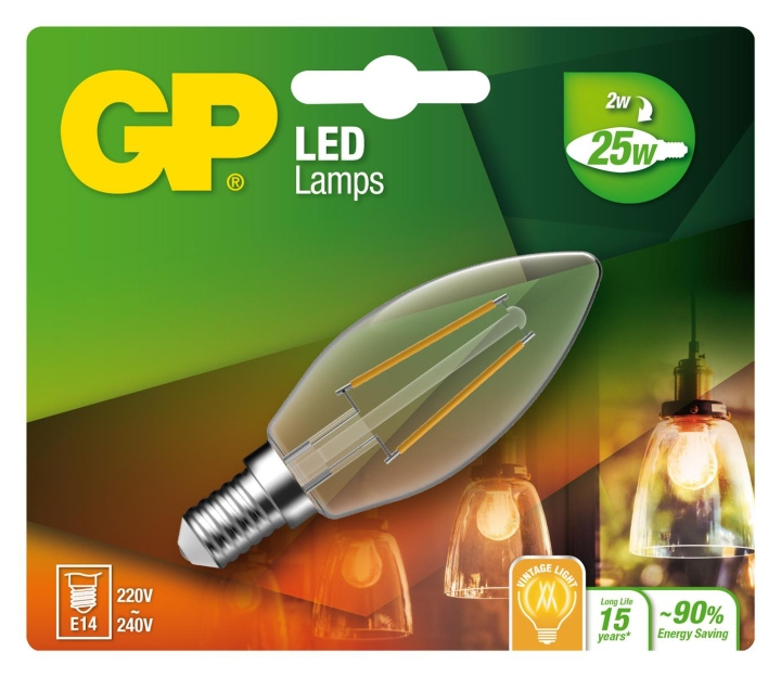 GP LED-lampa Filament Mini Candle, E14, 2W (25W), 250lm i gruppen HEMELEKTRONIK / Belysning / LED-lampor hos TP E-commerce Nordic AB (D14212)