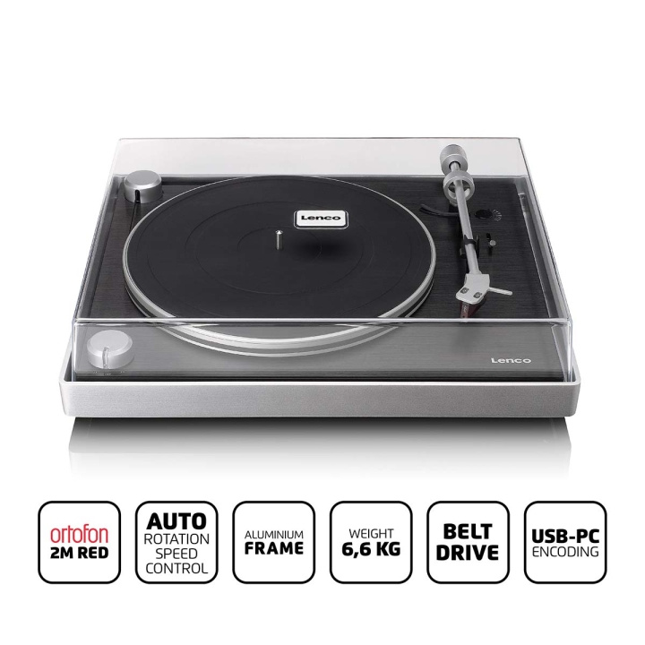Lenco Skivspelare med synlig remdrift, ram i borstad aluminium och Ortofon 2M RED kassett Svart i gruppen HEMELEKTRONIK / Ljud & Bild / Hemmabio, HiFi & Bärbart / Kompaktstereo & Skivspelare hos TP E-commerce Nordic AB (D14674)