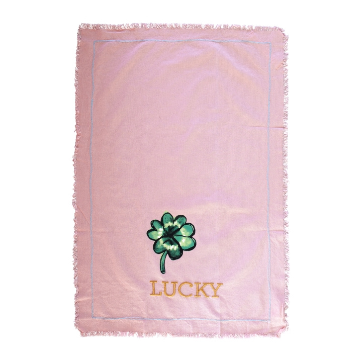 RICE Bomullshandduk med Good Luck-tryck och broderi i mjuk rosa i gruppen HEM, HUSHÅLL & TRÄDGÅRD / Badrum / Handdukar hos TP E-commerce Nordic AB (D15233)