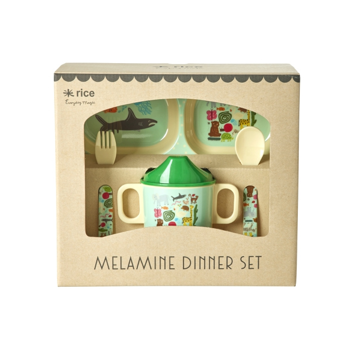 RICE Babyservis i melamin - Wildlife Print - Mint och Blå i gruppen LEKSAKER, BARN- & BABYPRODUKTER / Äta & Dricka / Barnserviser hos TP E-commerce Nordic AB (D15344)