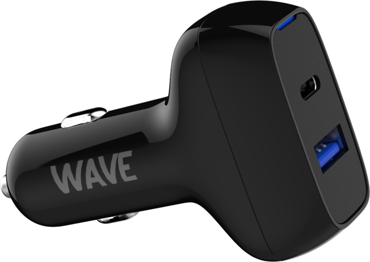 Wave Billaddare, 1 x USB Typ-C + 1 x USB-A 18W+18W, Svart i gruppen SMARTPHONE & SURFPLATTOR / Laddare & Kablar / Billaddare / Billaddare Typ C hos TP E-commerce Nordic AB (D15916)