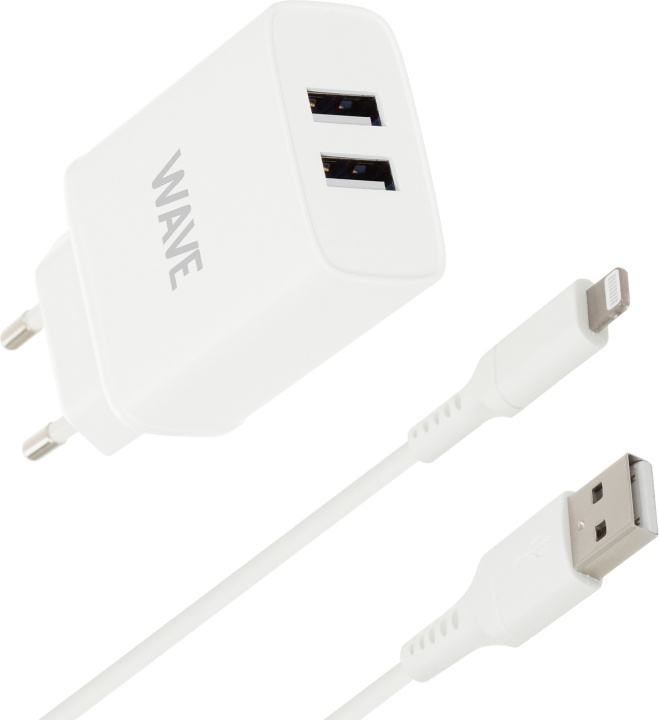 Wave nätladdare 2 x USB + Lightning-kabel, 17W, vit i gruppen SMARTPHONE & SURFPLATTOR / Laddare & Kablar / Väggladdare / Väggladdare Lightning hos TP E-commerce Nordic AB (D15975)