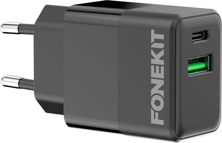 FoneKit Double 20W laddare, USB-C + USB-A, svart i gruppen SMARTPHONE & SURFPLATTOR / Laddare & Kablar / Väggladdare / Väggladdare Typ C hos TP E-commerce Nordic AB (D16154)