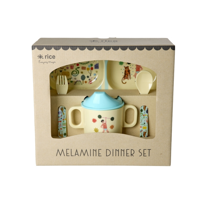 RICE Babyservis i melamin - Fun Fair Print - Mint och blå i gruppen LEKSAKER, BARN- & BABYPRODUKTER / Äta & Dricka / Barnserviser hos TP E-commerce Nordic AB (D19434)