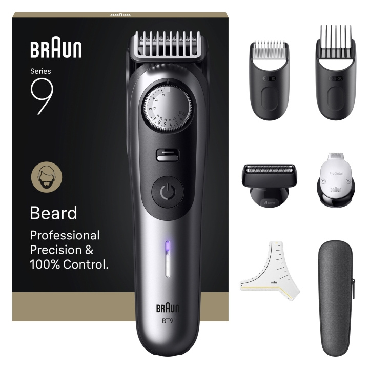 Braun Beard Trimmer Series 9, +7 Barbering Tools, BT9520 - Satin Chrome i gruppen SKÖNHET & HÄLSA / Hår & Styling / Rakning & Trimning / Skäggtrimmers & Tillbehör hos TP E-commerce Nordic AB (D19604)
