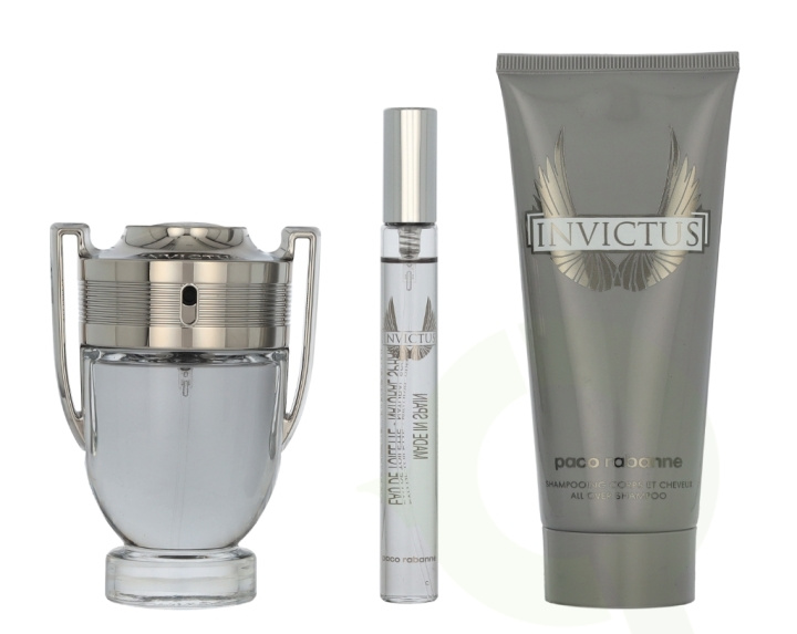 Paco Rabanne Invictus Giftset 160 ml Edt Spray 50ml/All Over Shampoo 100ml/Edt Travel Spray 10ml i gruppen SKÖNHET & HÄLSA / Doft & Parfym / Parfym / Parfym för honom hos TP E-commerce Nordic AB (D21278)