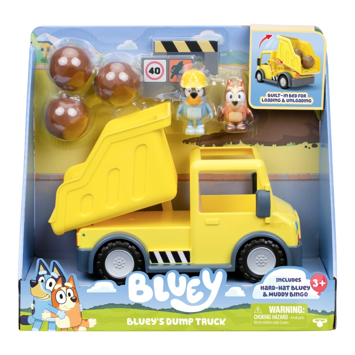 Bluey Bluey\'s Dump Truck med exklusiva Hard-Hat Bluey och Muddy Bingo Figurer - (90317) i gruppen LEKSAKER, BARN- & BABYPRODUKTER / Leksaker / Figurer, Miniatyrer & tillbehör hos TP E-commerce Nordic AB (D21855)