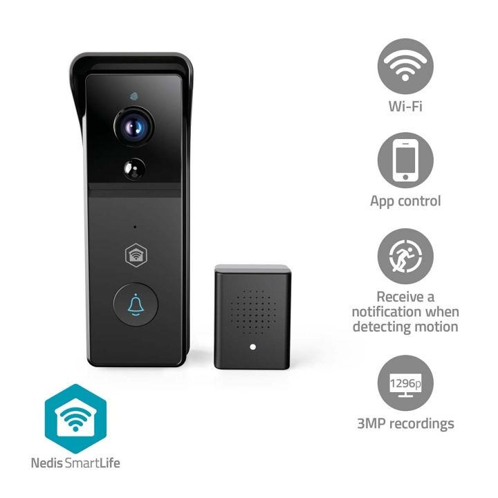 Nedis Smartlife Video Porttelefon | Batteridriven | 3MP Full HD 1296p | microSD (ingår inte) / Molnlagring (tillval) | IP44 | Med rörelsesensor | Nattsikt | Svart i gruppen HEM, HUSHÅLL & TRÄDGÅRD / Larm & Säkerhet / Dörrklockor hos TP E-commerce Nordic AB (D24980)