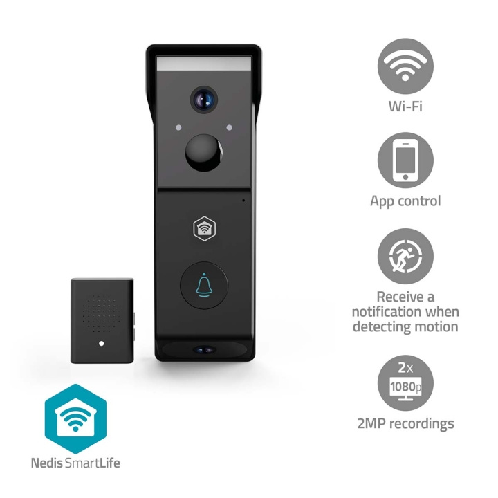 Nedis Smartlife Video Porttelefon | Batteridriven | 2x Full HD 1080p | microSD (ingår inte) / Molnlagring (tillval) | IP54 | Med rörelsesensor | Nattsikt | Svart i gruppen HEM, HUSHÅLL & TRÄDGÅRD / Larm & Säkerhet / Dörrklockor hos TP E-commerce Nordic AB (D24981)