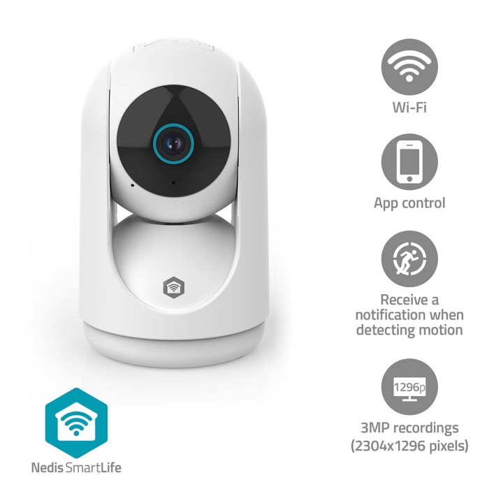 Nedis SmartLife Inomhus Kamera | 3MP Full HD 1296p | Panorera lutning | microSD (ingår inte) / Molnlagring (tillval) / Onvif | Med rörelsesensor | Nattsikt | Vit i gruppen HEM, HUSHÅLL & TRÄDGÅRD / Larm & Säkerhet / Övervakningskameror / Digitalt (Nätverk) / Inomhuskameror hos TP E-commerce Nordic AB (D24995)