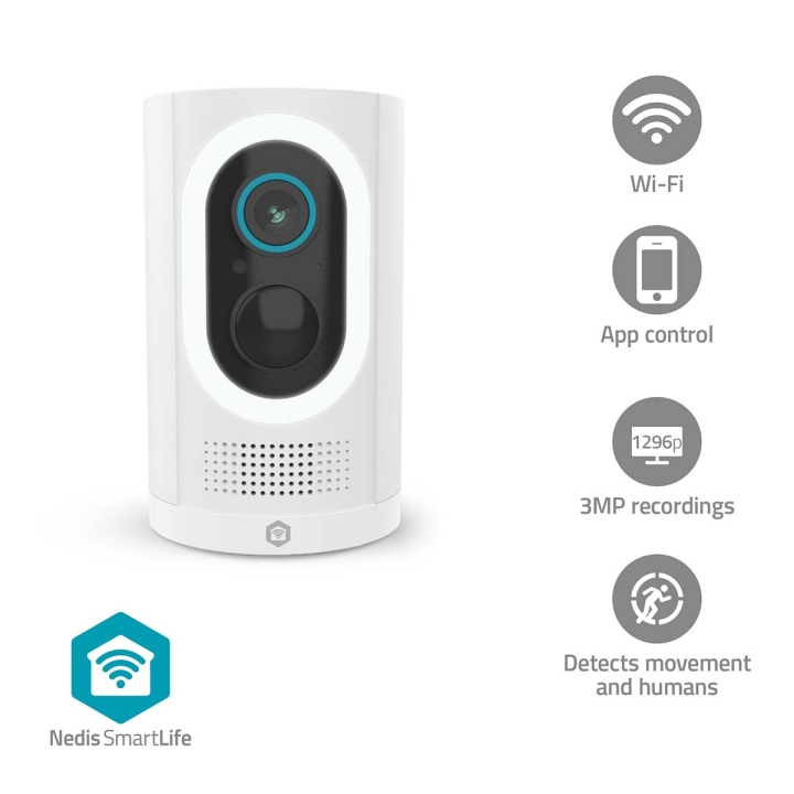 Nedis SmartLife Utomhus Kamera | Wi-Fi | Spotlight | 3MP Full HD 1296p | IP65 | Max. batteritid: 6 Månader | microSD (ingår inte) / Molnlagring (tillval) | 5 V DC | Med rörelsesensor | Nattsikt | Vit i gruppen HEM, HUSHÅLL & TRÄDGÅRD / Larm & Säkerhet / Övervakningskameror / Digitalt (Nätverk) / Utomhuskameror hos TP E-commerce Nordic AB (D25014)