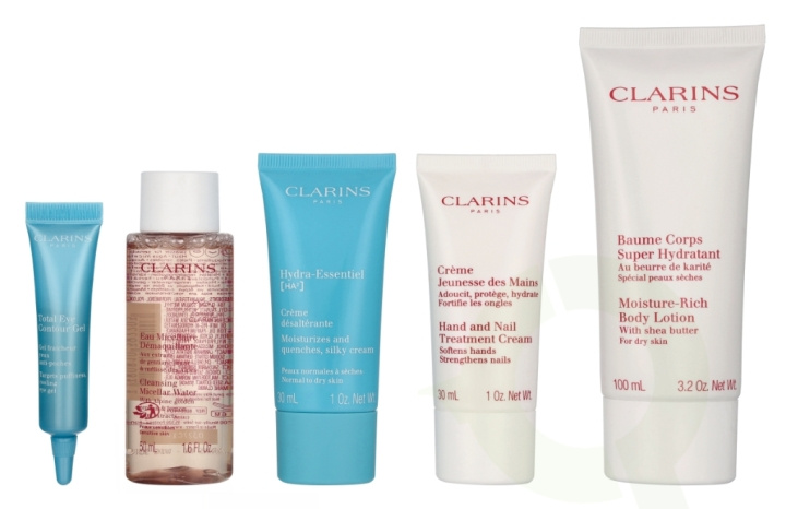 Clarins Head - To -Toe Moisturizing Essentials Set 217 ml Eau Micellaire 50ml/Total Eye gel 7ml/Silky Cream 30ml/Hand And Nail Cream 30ml/Body Lotion 100m i gruppen SKÖNHET & HÄLSA / Hudvård / Ansiktsvård / Dagkräm hos TP E-commerce Nordic AB (D29596)