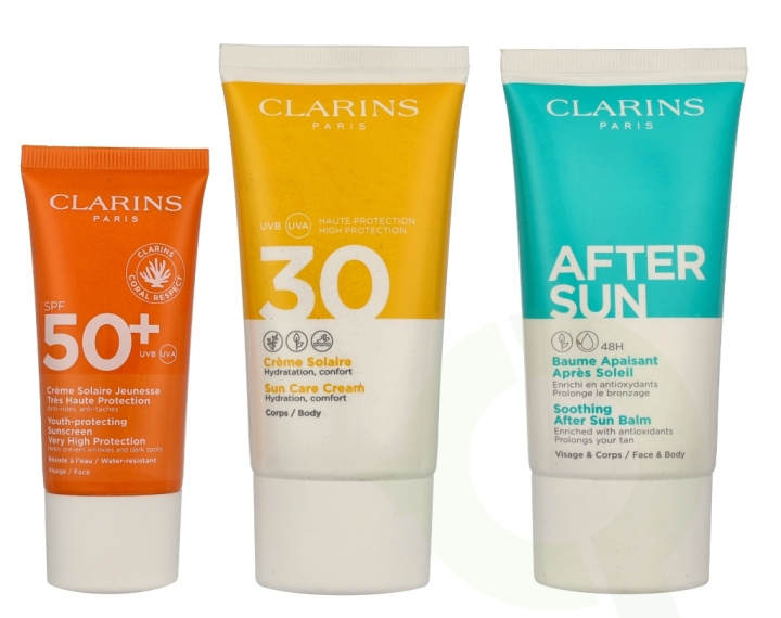 Clarins Summer Essentials Set 180 ml Youth-protecting Sunscreen SPF50+ Face 30ml/Sun Care Cream Body SPF30 75ml/Soothing After Sun Balm 75ml i gruppen SKÖNHET & HÄLSA / Hudvård / Solskydd & Tanning / Solskydd hos TP E-commerce Nordic AB (D29597)