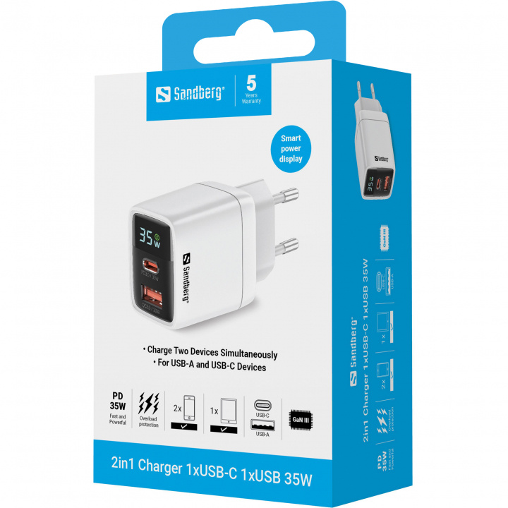 Sandberg 2in1-laddare 1xUSB-C 1xUSB 35W i gruppen SMARTPHONE & SURFPLATTOR / Laddare & Kablar / Väggladdare / Väggladdare Typ C hos TP E-commerce Nordic AB (D30375)