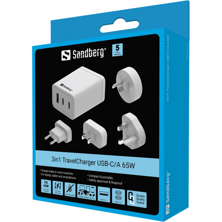 Sandberg 3in1 Reseladdare USB-C/A 65W i gruppen HEM, HUSHÅLL & TRÄDGÅRD / El & Belysning / Reseadaptrar hos TP E-commerce Nordic AB (D30376)