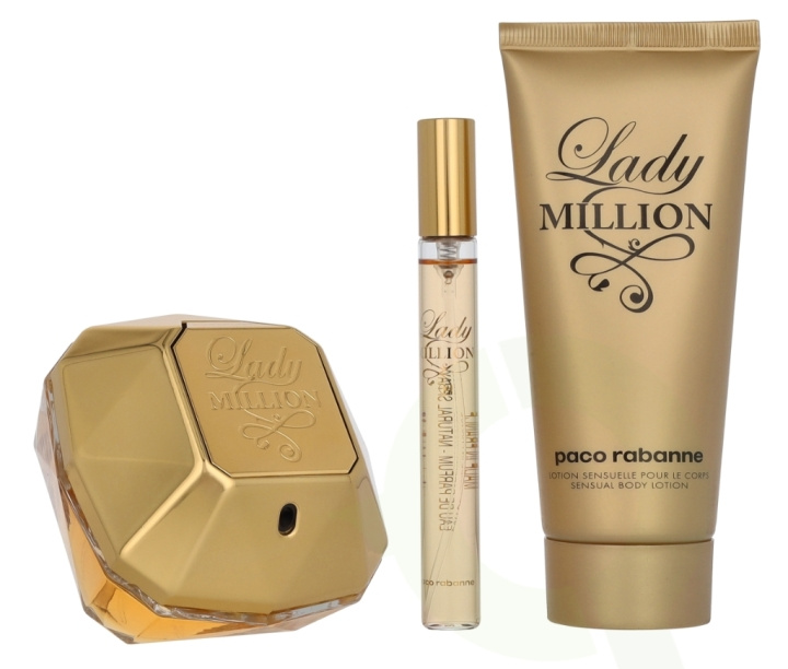 Paco Rabanne Lady Million Giftset 190 ml Edp Spray 80ml/Body Lotion 100ml/Edp Spray 10ml i gruppen SKÖNHET & HÄLSA / Doft & Parfym / Parfym / Parfymboxar hos TP E-commerce Nordic AB (D30700)