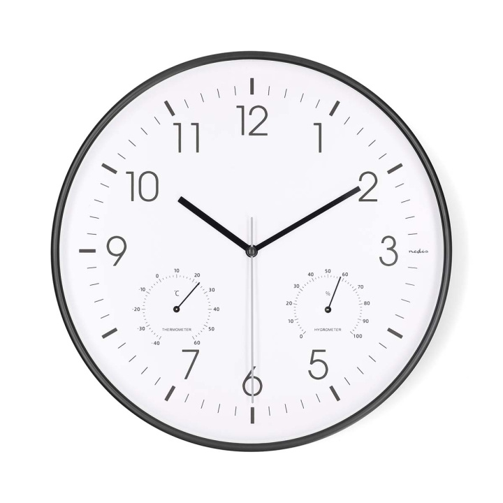 Nedis Väggklocka | Diameter: 300 mm | Plast | Tyst rörelse | Termometer | Hygrometer | Svart / Vit i gruppen HEM, HUSHÅLL & TRÄDGÅRD / Väggklockor & Räkneverk / Väggklockor hos TP E-commerce Nordic AB (D32002)