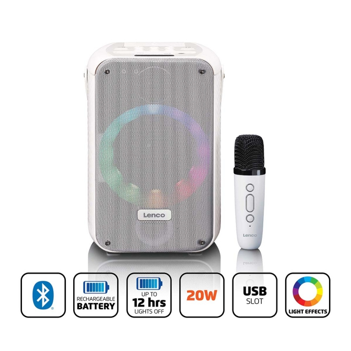 Lenco Karaokesystem med Bluetooth®, uppladdningsbart batteri, trådlös karaokemikrofon och disco-LED-belysning Vit i gruppen HEMELEKTRONIK / Ljud & Bild / Högtalare & Tillbehör / Bluetooth-högtalare / Bärbara högtalare hos TP E-commerce Nordic AB (D32152)