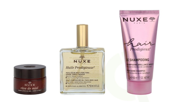 Nuxe The Iconics Giftset 115 ml Huile Prodigieuse 50ml/Honey Lip Balm 15g/High Shine Shampoo 50ml i gruppen SKÖNHET & HÄLSA / Presentkit / Presentkit För Henne hos TP E-commerce Nordic AB (D32929)