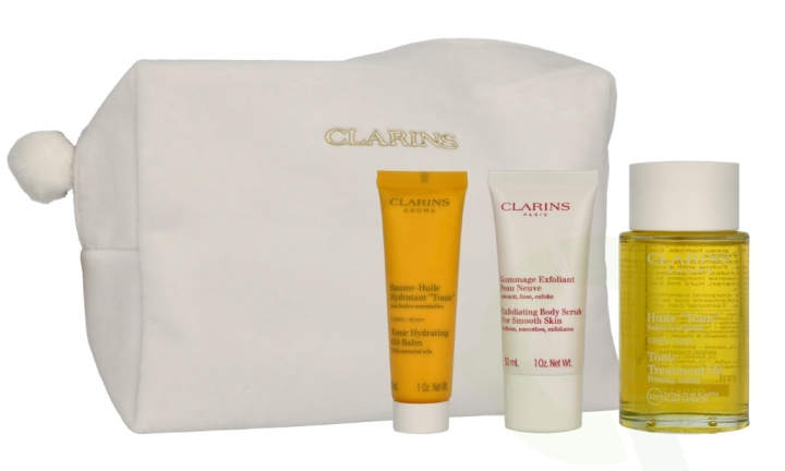 Clarins Aroma Set 160 ml Tonic Treatment Oil 100 ml / Exfoliating Body Scrub 30 ml / Tonic Hydrating Oil-Balm 30 ml / Large Pouch i gruppen SKÖNHET & HÄLSA / Hudvård / Ansiktsvård hos TP E-commerce Nordic AB (D33511)
