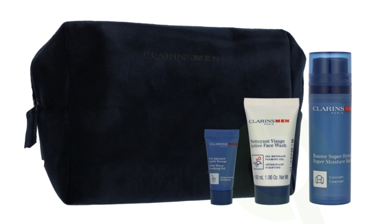 Clarins Men Set 83 ml Super Moisture Balm 50 ml / Active Face Wash 30 ml / Sample Shave Oil 3 ml / Men Pouch i gruppen SKÖNHET & HÄLSA / Presentkit / Presentkit För Honom hos TP E-commerce Nordic AB (D33513)