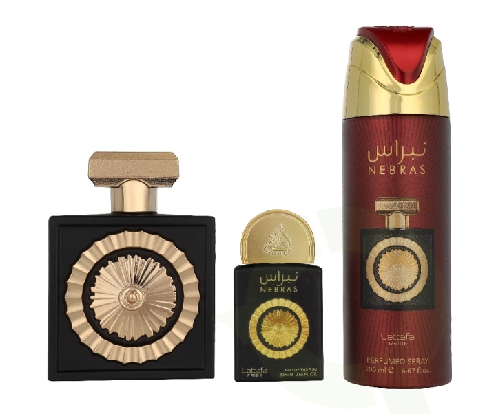 Lattafa Pride Nebras Giftset 320 ml Edp Spray 100ml/Edp Spray 20ml/Deo Spray 200ml i gruppen SKÖNHET & HÄLSA / Presentkit / Presentkit För Henne hos TP E-commerce Nordic AB (D33532)