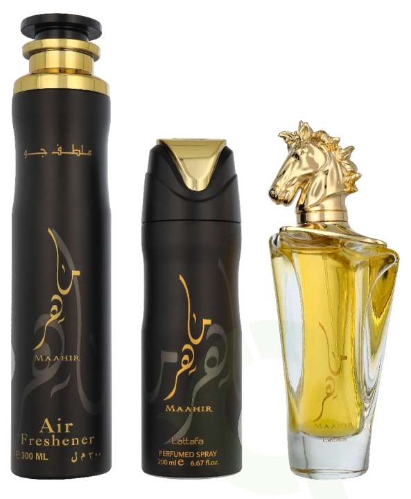 Lattafa Maahir Giftset 600 ml Edp Spray 100ml/Deo Spray 200ml/Air Freshener 300ml i gruppen SKÖNHET & HÄLSA / Presentkit / Presentkit För Henne hos TP E-commerce Nordic AB (D33533)