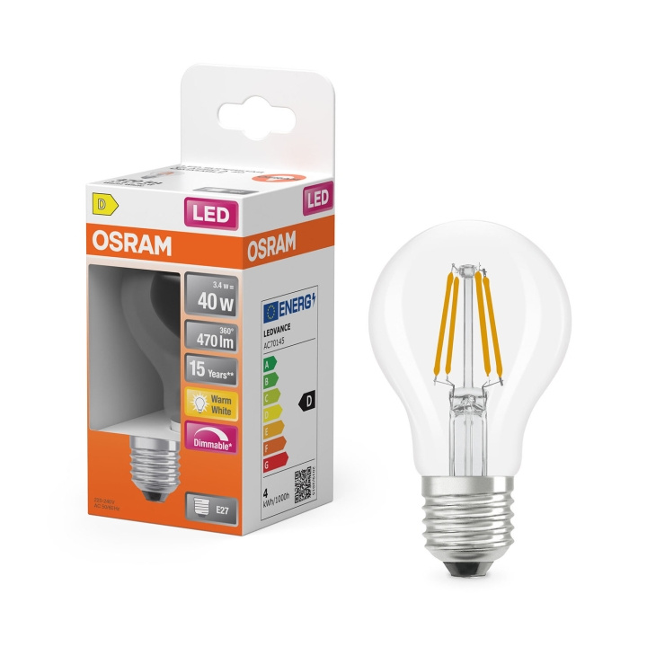 Osram Lampa LED Retrofit Classic A Dim 3,4W 827 Clear E27 i gruppen HEMELEKTRONIK / Belysning / LED-lampor hos TP E-commerce Nordic AB (D34610)