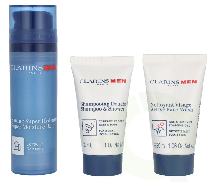 Clarins Men Hydration Essentials Set 110.9 ml Super Moisture Balm 50ml/Shampoo & Shower Gel 30ml/Facial Cleanser 30ml/Double Serum Eye 0,9ml i gruppen SKÖNHET & HÄLSA / Hudvård / Kroppsvård / Bad & Duschcreme hos TP E-commerce Nordic AB (D35858)