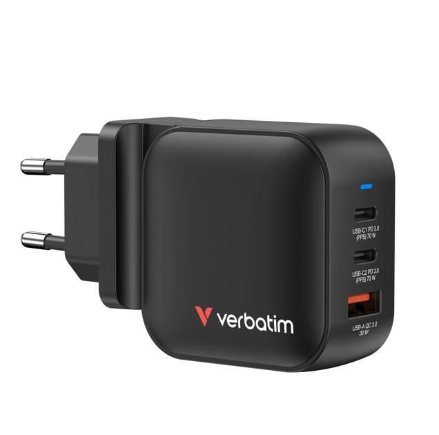 Verbatim Mini-GaN-laddare 70 W, 3 portar, amerikansk kontakt med EU- och brittiska adaptrar i gruppen SMARTPHONE & SURFPLATTOR / Laddare & Kablar / Väggladdare hos TP E-commerce Nordic AB (D38306)