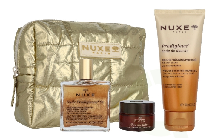 Nuxe My Beauty Essentials Set 165 ml Huile Prodigieuse Or 50ml/Nuxe Prodigieux Precious Scented Shower Gel 100ml/Reve De Miel Lip Balm 15gr/Pouch i gruppen SKÖNHET & HÄLSA / Presentkit / Presentkit För Henne hos TP E-commerce Nordic AB (D45833)