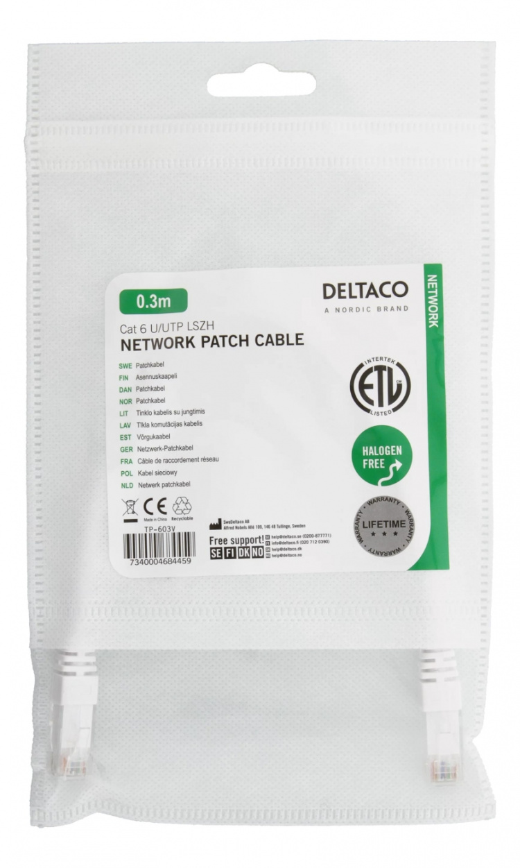 DELTACO UTP Cat6 patchkabel 0,3m, vit