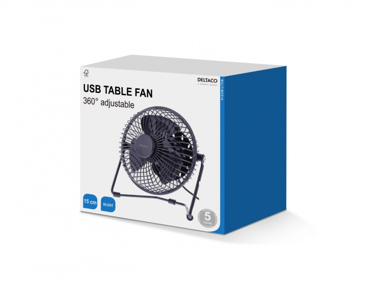 Deltaco USB fan, 13cm, table model, 1x USB Type A ma, black