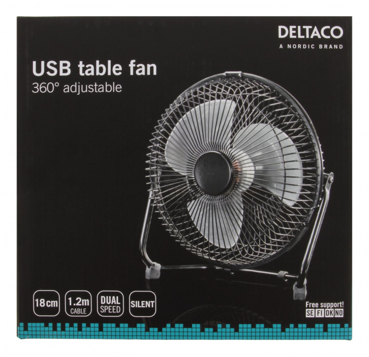Deltaco USB fan, 18cm, table model, 1x USB Type A ma, black