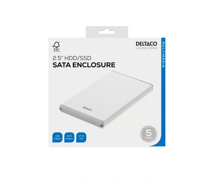 DELTACO externt kabinett för 1x2,5 SATA 6Gb/s-hårddisk, USB3, silver