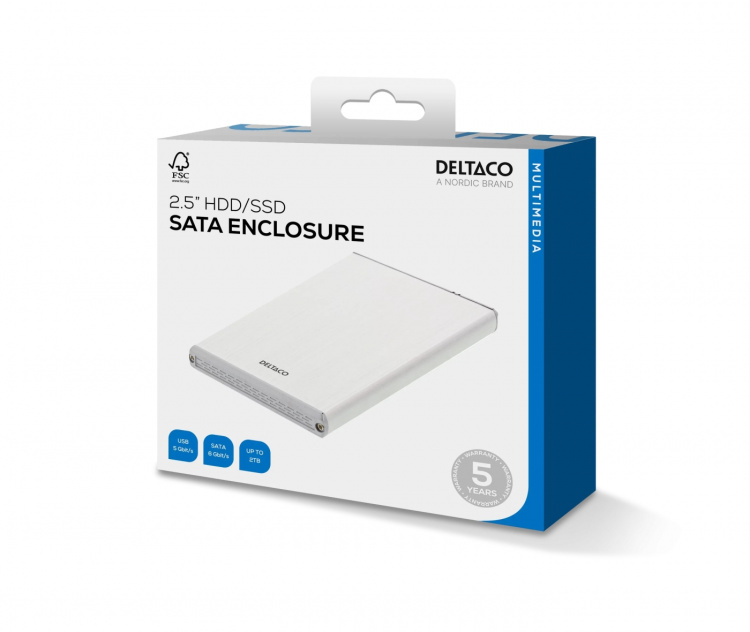 DELTACO externt kabinett för 1x2,5 SATA 6Gb/s-hårddisk, USB3, silver