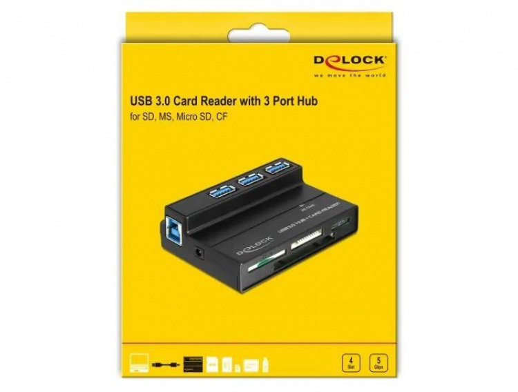 DeLOCK, USB 3.0 minneskortläsare och 3 portars hubb, 4 fack, svart (91721)