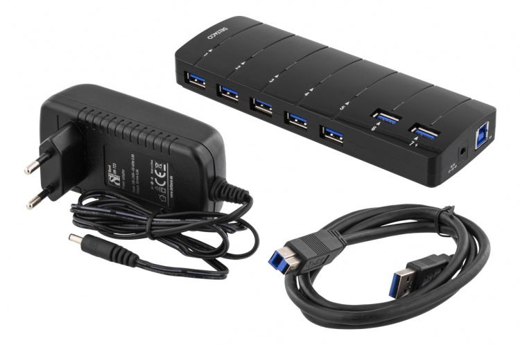 DELTACO USB 3.0 hubb, 7xTyp A ho, nätadapter, svart (UH-723)