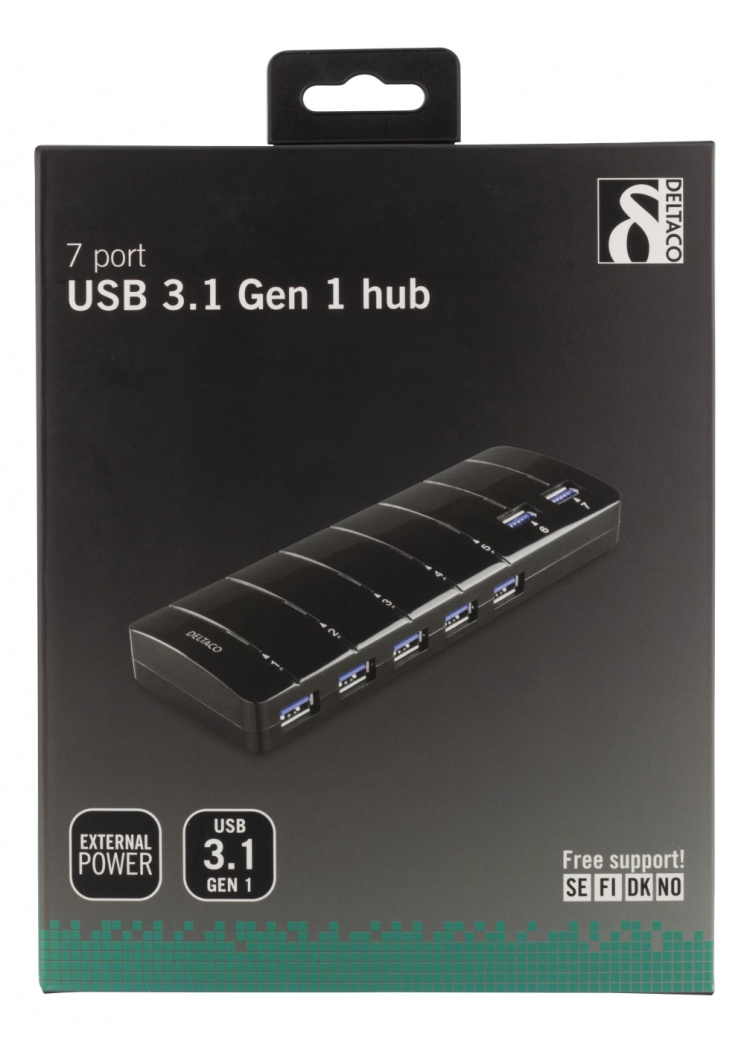 DELTACO USB 3.0 hubb, 7xTyp A ho, nätadapter, svart (UH-723)
