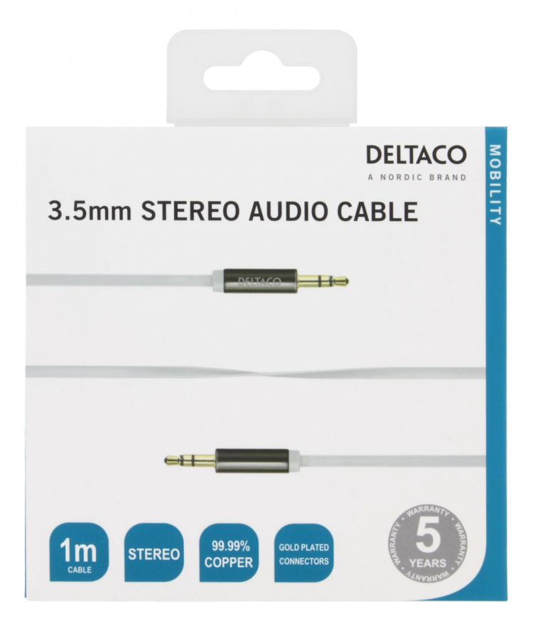 DELTACO ljudkabel, 3,5mm hane till 3,5mm hane, 1m, vit (AUD-103) DELTACO ljudkabel, 3,5mm hane till 3,5mm hane, 1m, vit (AUD-103)