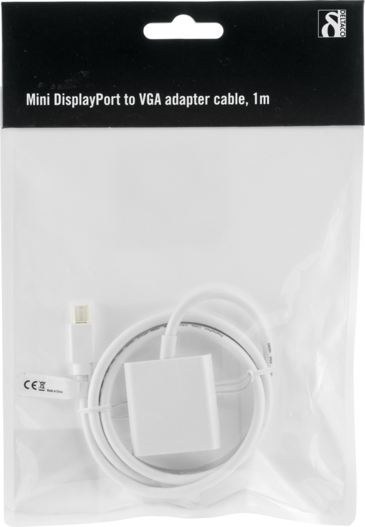 DELTACO mini DisplayPort till VGA(HD15) kabel, ha-ho, 1m, vit (DP-VGA100)