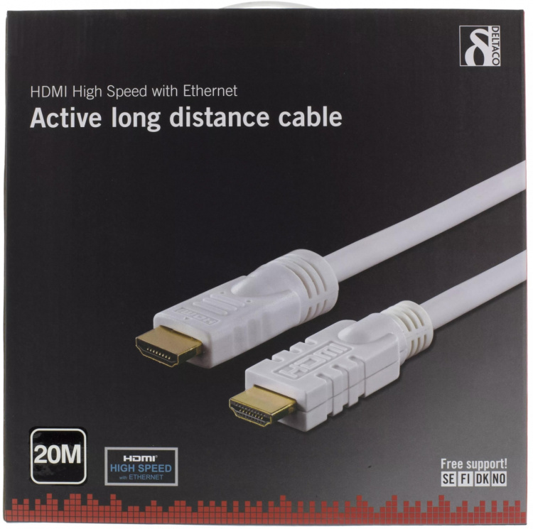 DELTACO HDMI-kabel, aktiv, ha-ha, 1080p, v1.4, 20m, vit (HDMI-1201)