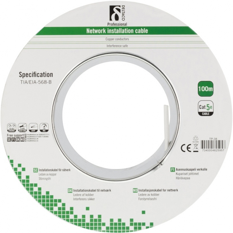 DELTACO U/UTP installationskabel, Cat5e, 100m, vit (TP-38) DELTACO U/UTP installationskabel, Cat5e, 100m, vit (TP-38)