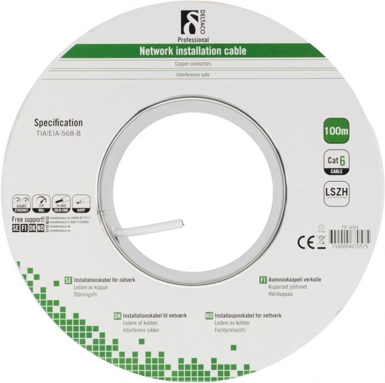 DELTACO LSZH UTP installationskabel, Cat6, 100m, vit (TP-45H)