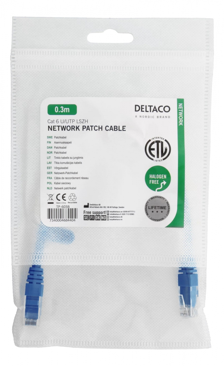 DELTACO U/UTP Cat6 patchkabel 0,3m, blå (TP-603B)