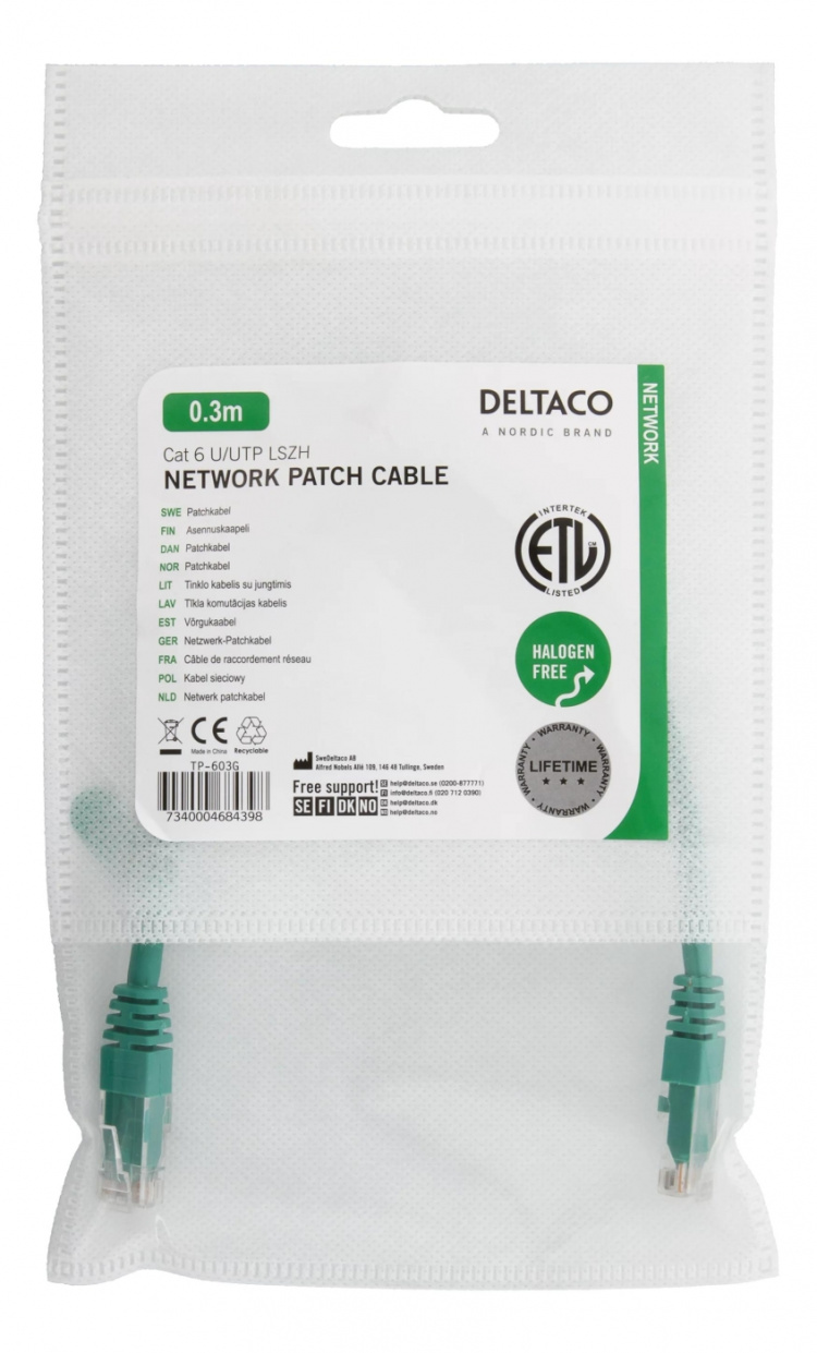 DELTACO U/UTP Cat6 patchkabel 0,3m, grön (TP-603G)