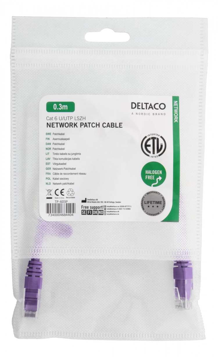 DELTACO U/UTP Cat6 patchkabel 0,3m, lila (TP-603P)