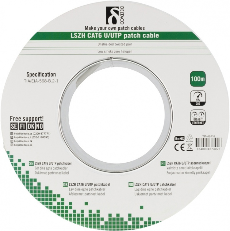 DELTACO UTP patchkabel, LSZH, Cat6, 100m (TP-48PH)